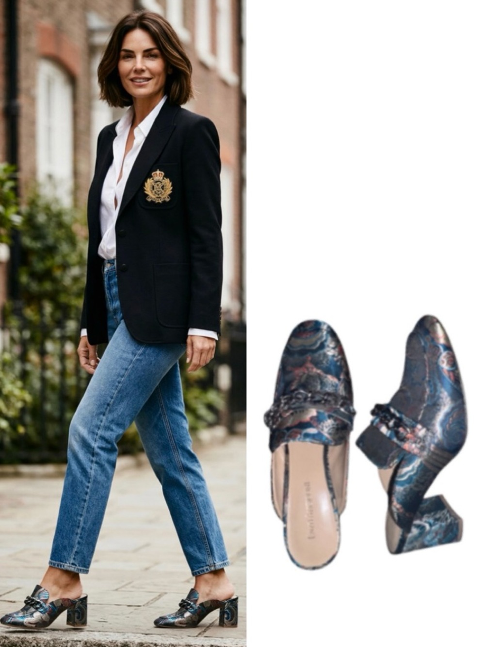 Enzo Angiolini Gilian mules in a blue brocade floral print chain details size 7